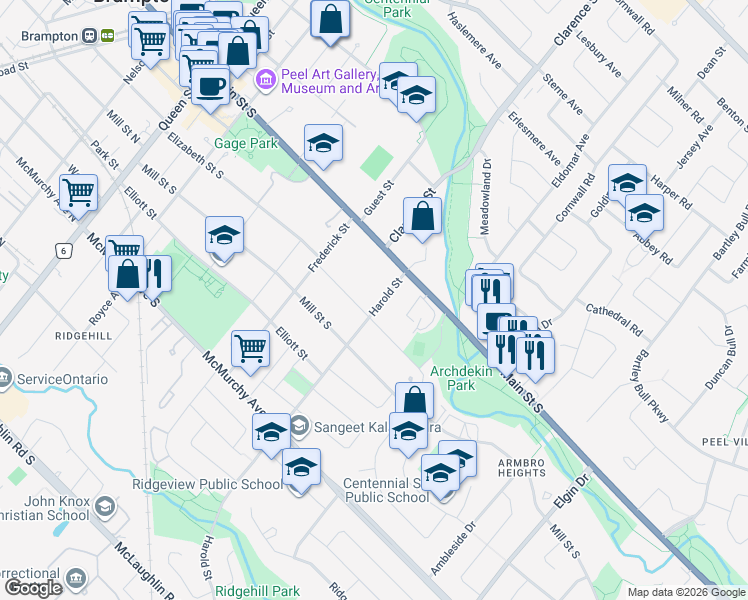 map of restaurants, bars, coffee shops, grocery stores, and more near 10 Harold Street in Brampton