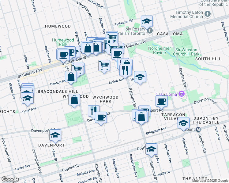 map of restaurants, bars, coffee shops, grocery stores, and more near 106 Wychwood Park in Toronto