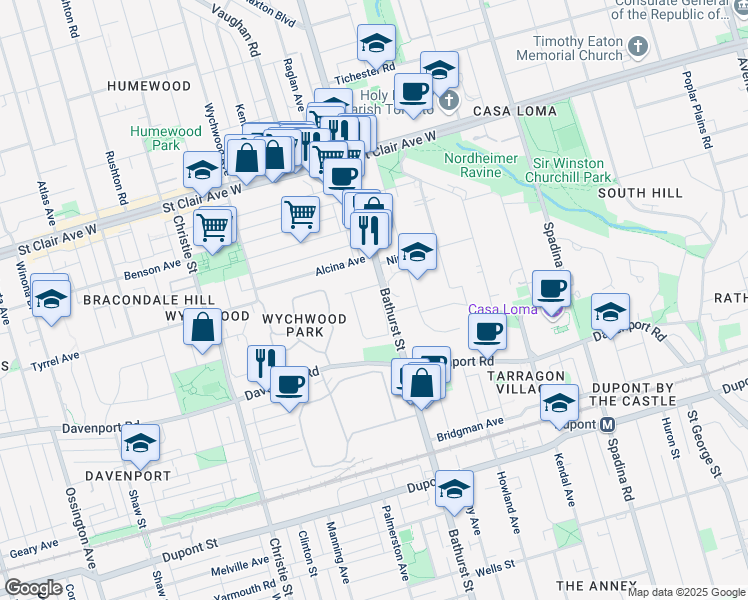 map of restaurants, bars, coffee shops, grocery stores, and more near 4 Burnside Drive in Toronto