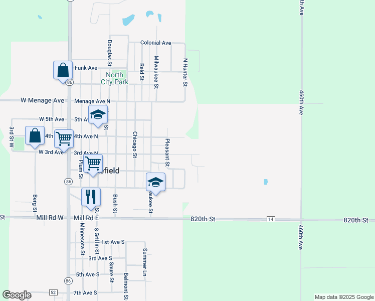map of restaurants, bars, coffee shops, grocery stores, and more near 801 3rd Avenue North in Lakefield