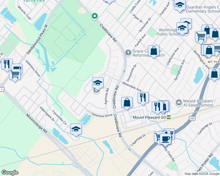 map of restaurants, bars, coffee shops, grocery stores, and more near 49 Agricola Road in Brampton