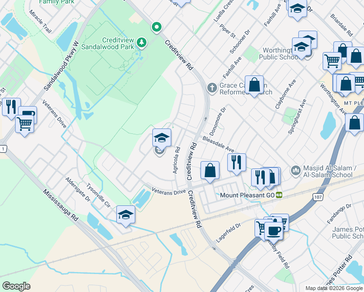 map of restaurants, bars, coffee shops, grocery stores, and more near 57 Agricola Road in Brampton