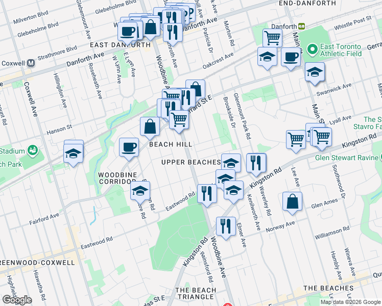 map of restaurants, bars, coffee shops, grocery stores, and more near 663 Woodbine Avenue in Toronto