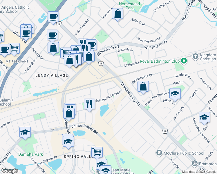 map of restaurants, bars, coffee shops, grocery stores, and more near in Brampton
