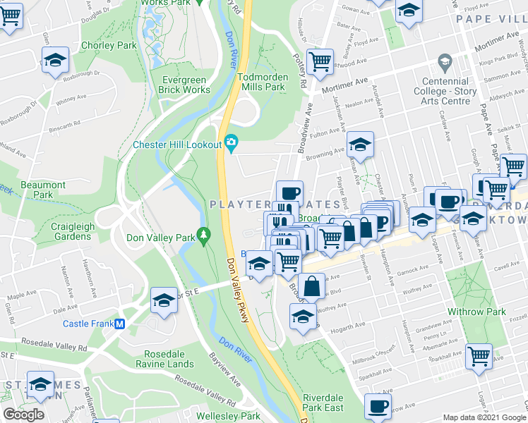 map of restaurants, bars, coffee shops, grocery stores, and more near 98 Cambridge Avenue in Toronto