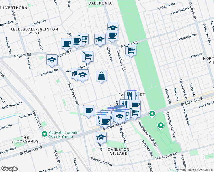 map of restaurants, bars, coffee shops, grocery stores, and more near 168 Prescott Avenue in Toronto