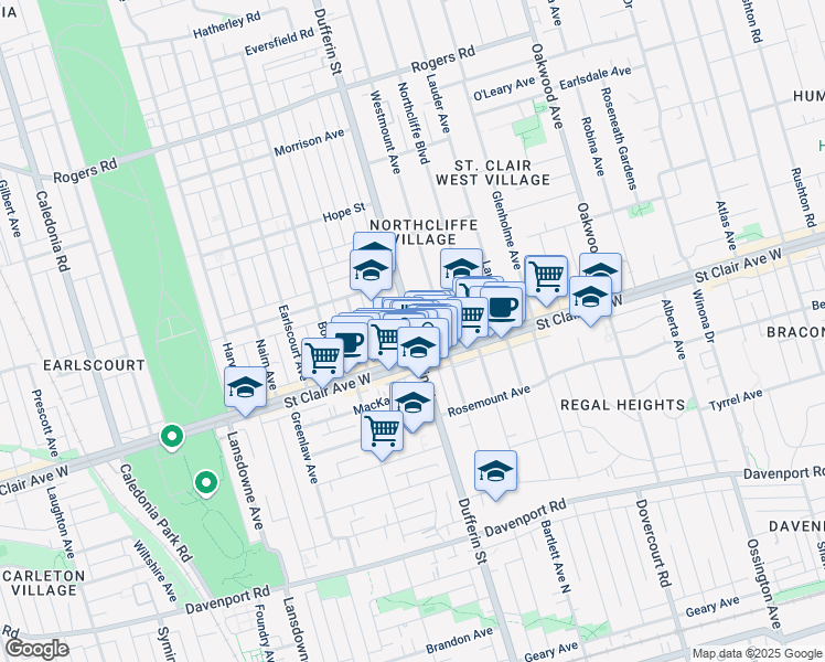 map of restaurants, bars, coffee shops, grocery stores, and more near Dufferin Street in Toronto