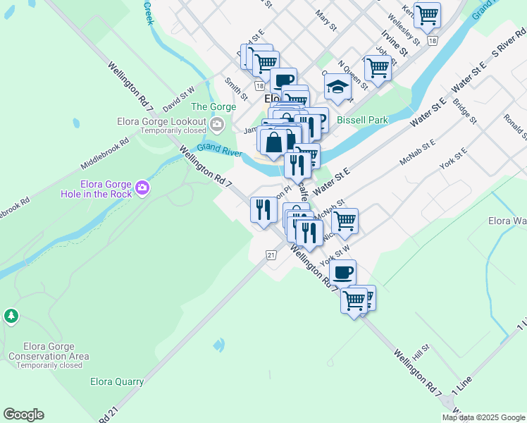 map of restaurants, bars, coffee shops, grocery stores, and more near 15 Carlton Place in Elora