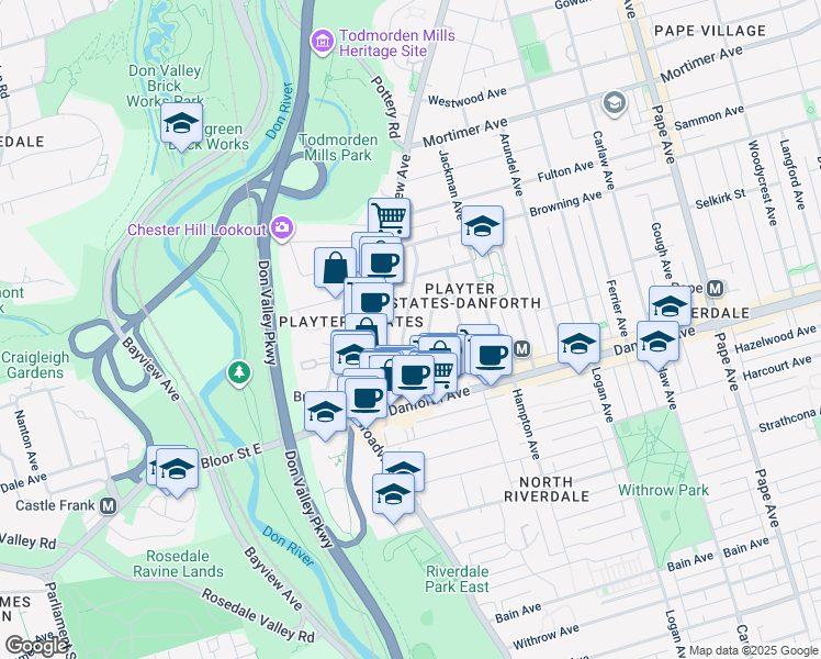 map of restaurants, bars, coffee shops, grocery stores, and more near 41 Ellerbeck Street in Toronto