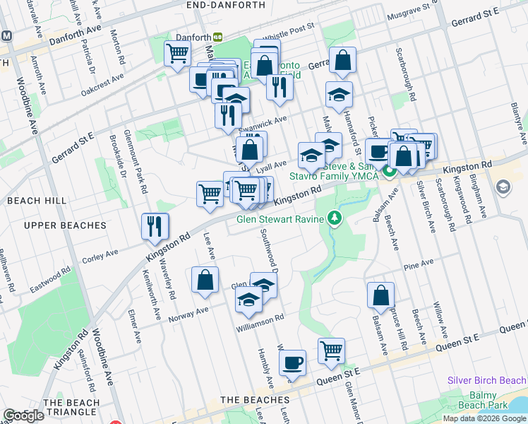 map of restaurants, bars, coffee shops, grocery stores, and more near 2 Glen Stewart Avenue in Toronto