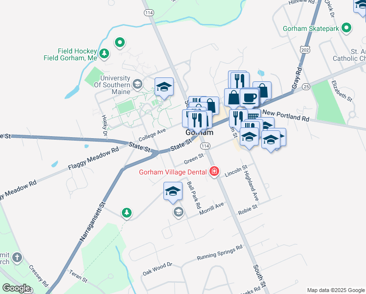 map of restaurants, bars, coffee shops, grocery stores, and more near 64A State Street in Gorham