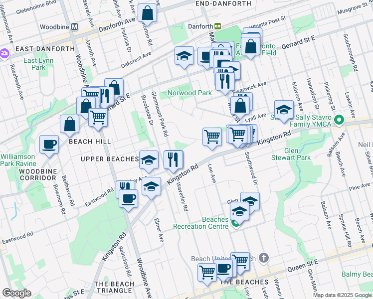 map of restaurants, bars, coffee shops, grocery stores, and more near 17 Love Crescent in Toronto