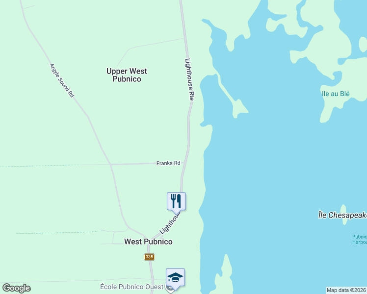 map of restaurants, bars, coffee shops, grocery stores, and more near 600 Lighthouse Route in West Pubnico