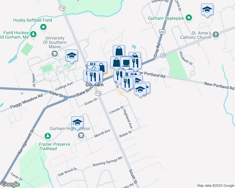 map of restaurants, bars, coffee shops, grocery stores, and more near 25 Elm Street in Gorham