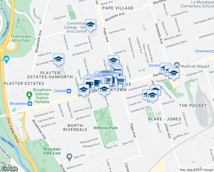 map of restaurants, bars, coffee shops, grocery stores, and more near 588 Danforth Avenue in Toronto