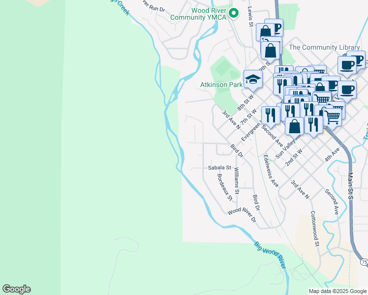 map of restaurants, bars, coffee shops, grocery stores, and more near 220 Buss Elle Road in Ketchum