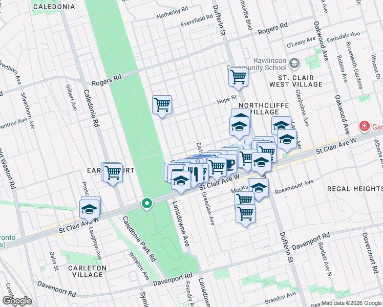 map of restaurants, bars, coffee shops, grocery stores, and more near 127 Ascot Avenue in Toronto