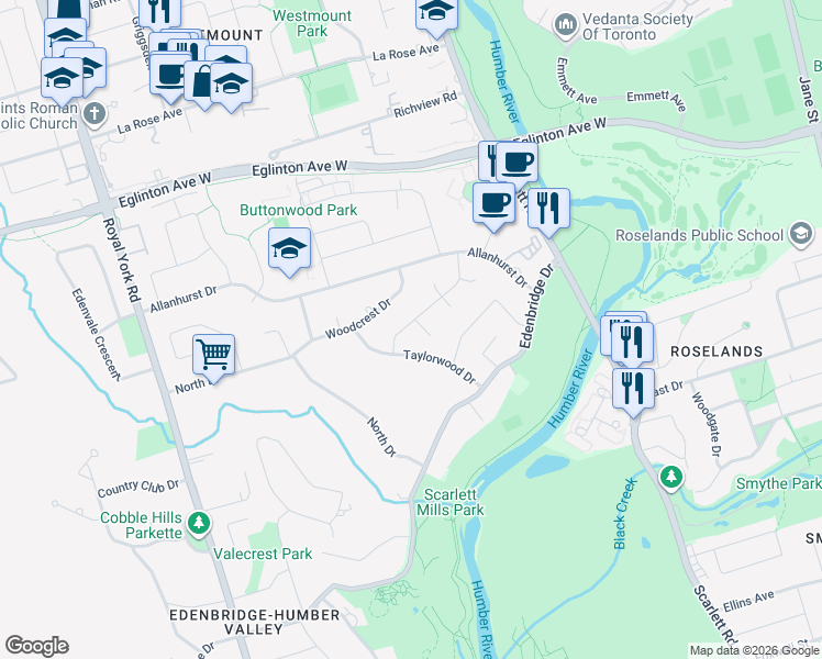 map of restaurants, bars, coffee shops, grocery stores, and more near 7 Woodvalley Drive in Toronto