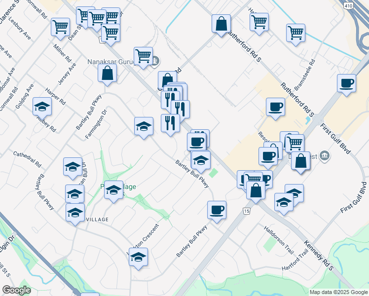map of restaurants, bars, coffee shops, grocery stores, and more near 146 Town House Crescent in Brampton