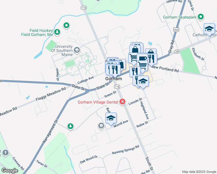 map of restaurants, bars, coffee shops, grocery stores, and more near 7 Green Street in Gorham