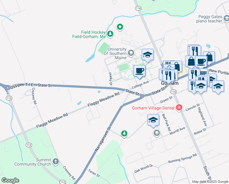 map of restaurants, bars, coffee shops, grocery stores, and more near 20 Flaggy Meadow Road in Gorham