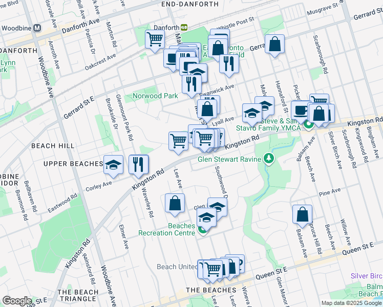 map of restaurants, bars, coffee shops, grocery stores, and more near 630 Kingston Road in Toronto