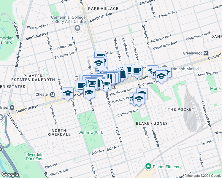 map of restaurants, bars, coffee shops, grocery stores, and more near in Toronto