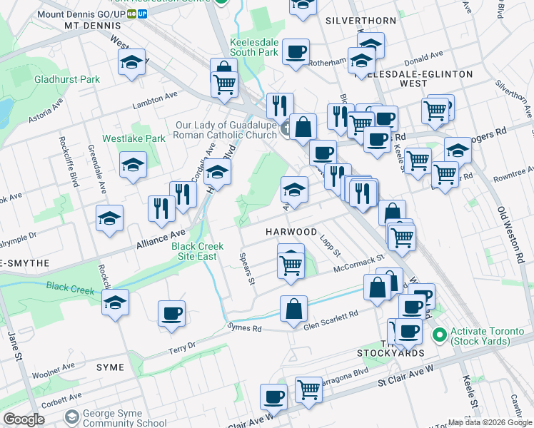 map of restaurants, bars, coffee shops, grocery stores, and more near in Toronto