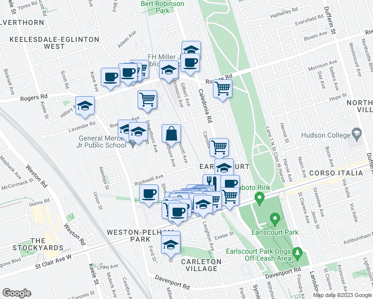 map of restaurants, bars, coffee shops, grocery stores, and more near 163 Prescott Avenue in Toronto