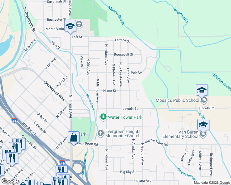 map of restaurants, bars, coffee shops, grocery stores, and more near 2206 Nixon Street in Caldwell
