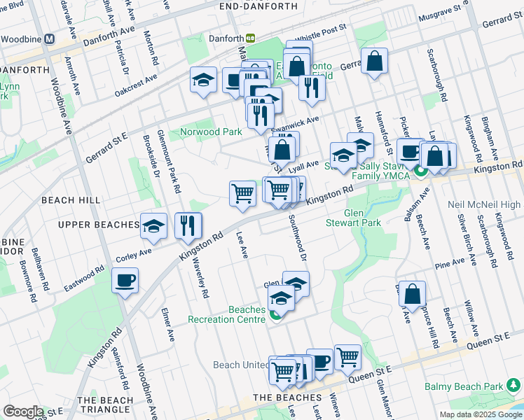 map of restaurants, bars, coffee shops, grocery stores, and more near 600 Kingston Road in Toronto