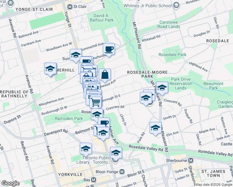 map of restaurants, bars, coffee shops, grocery stores, and more near 66 Roxborough Street East in Toronto