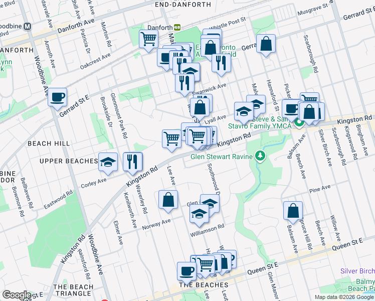 map of restaurants, bars, coffee shops, grocery stores, and more near 612 Kingston Road in Toronto