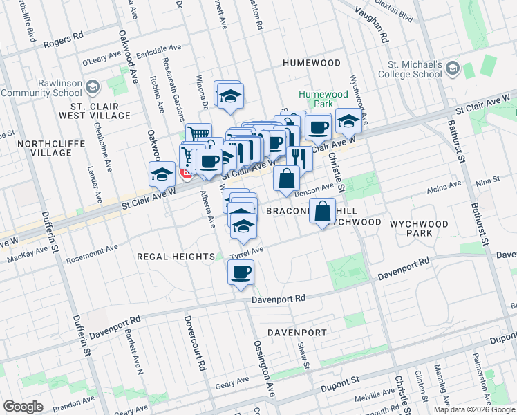 map of restaurants, bars, coffee shops, grocery stores, and more near 233 Benson Avenue in Toronto
