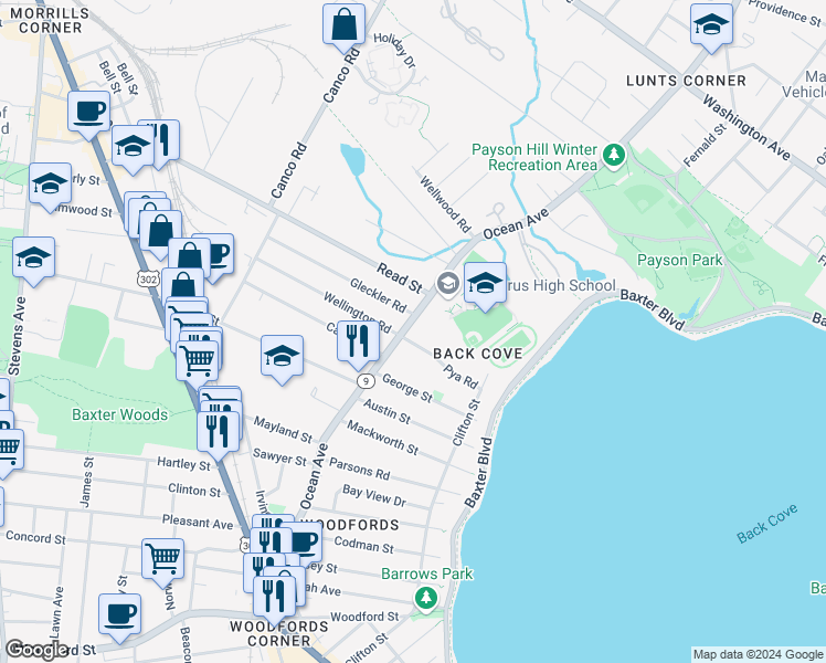 map of restaurants, bars, coffee shops, grocery stores, and more near 235 Ocean Avenue in Portland