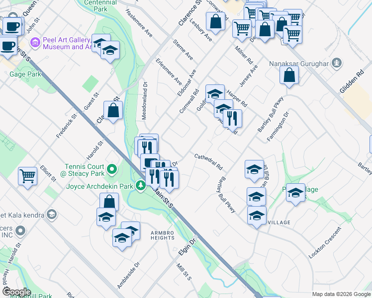 map of restaurants, bars, coffee shops, grocery stores, and more near 30 Nanwood Drive in Brampton