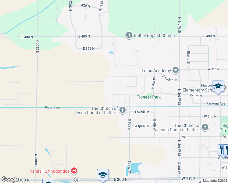 map of restaurants, bars, coffee shops, grocery stores, and more near 397 Franklin Street in Rigby