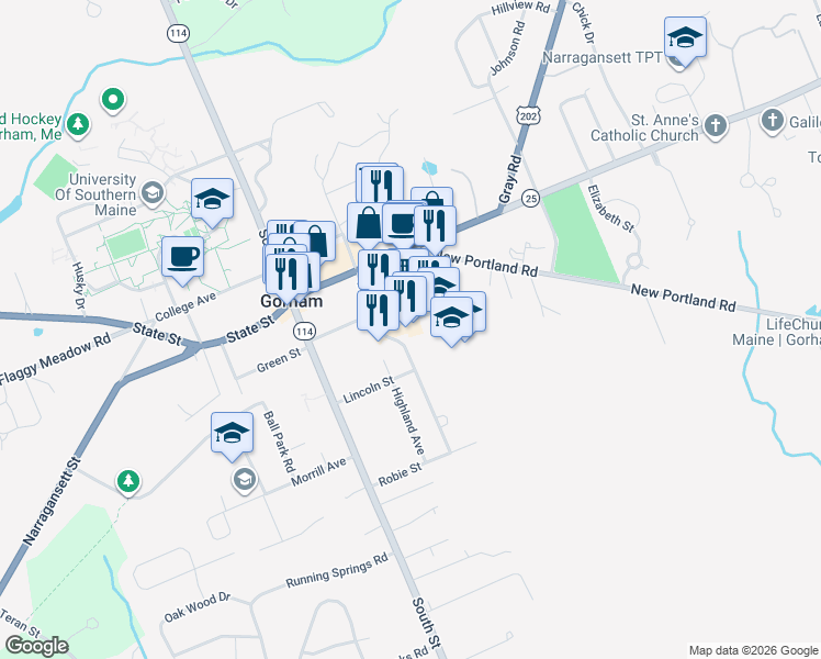 map of restaurants, bars, coffee shops, grocery stores, and more near 2 Robie Street in Gorham