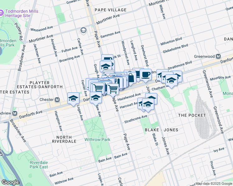 map of restaurants, bars, coffee shops, grocery stores, and more near in Toronto