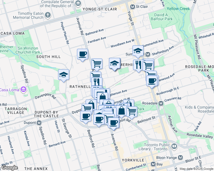 map of restaurants, bars, coffee shops, grocery stores, and more near in Toronto