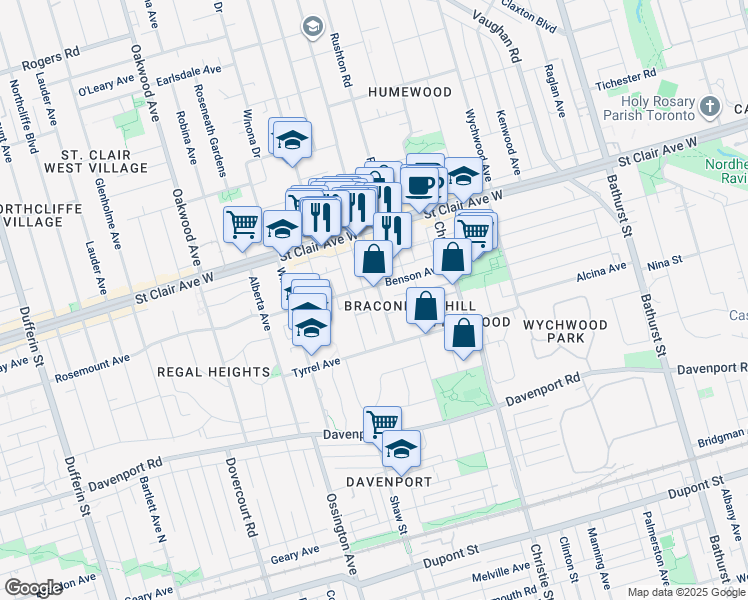 map of restaurants, bars, coffee shops, grocery stores, and more near in Toronto