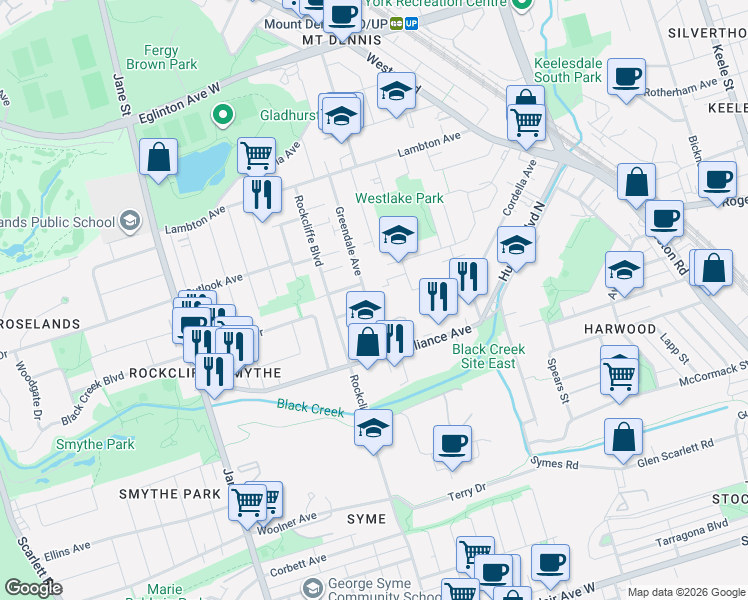 map of restaurants, bars, coffee shops, grocery stores, and more near in Toronto