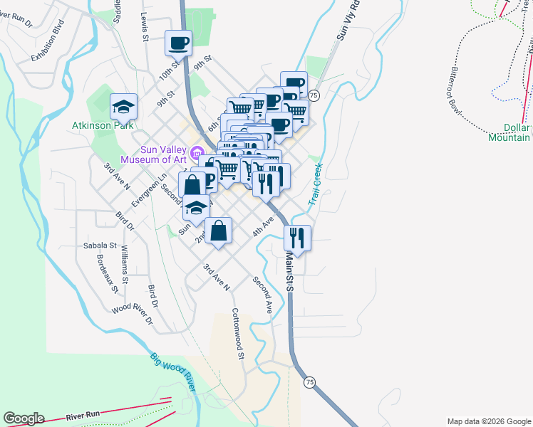 map of restaurants, bars, coffee shops, grocery stores, and more near 200 River Street in Ketchum