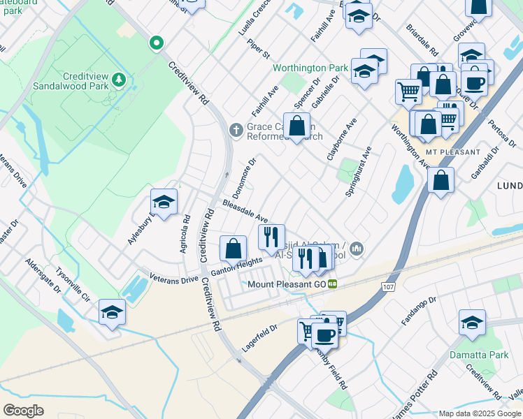 map of restaurants, bars, coffee shops, grocery stores, and more near 53 Bevington Road in Brampton