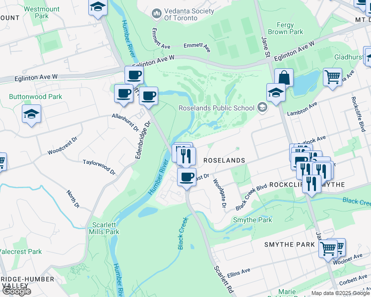 map of restaurants, bars, coffee shops, grocery stores, and more near 293 Old Scarlett Road in Toronto