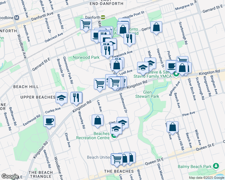 map of restaurants, bars, coffee shops, grocery stores, and more near 642 Kingston Road in Toronto