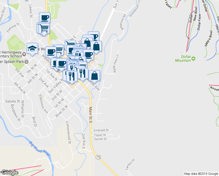 map of restaurants, bars, coffee shops, grocery stores, and more near 220 Crystal Court in Sun Valley