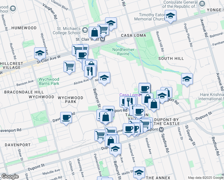 map of restaurants, bars, coffee shops, grocery stores, and more near 12 Wells Hill Avenue in Toronto