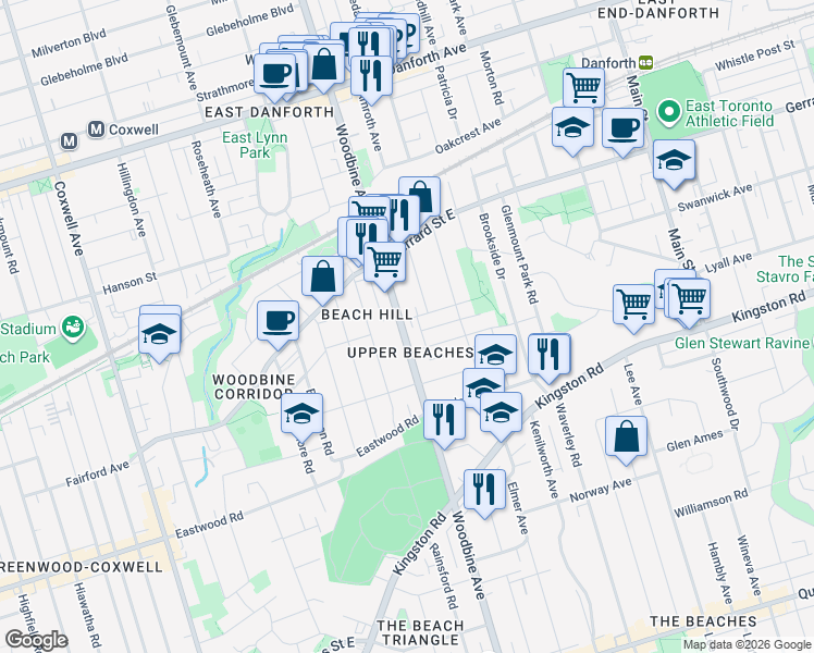 map of restaurants, bars, coffee shops, grocery stores, and more near 673 Woodbine Avenue in Toronto
