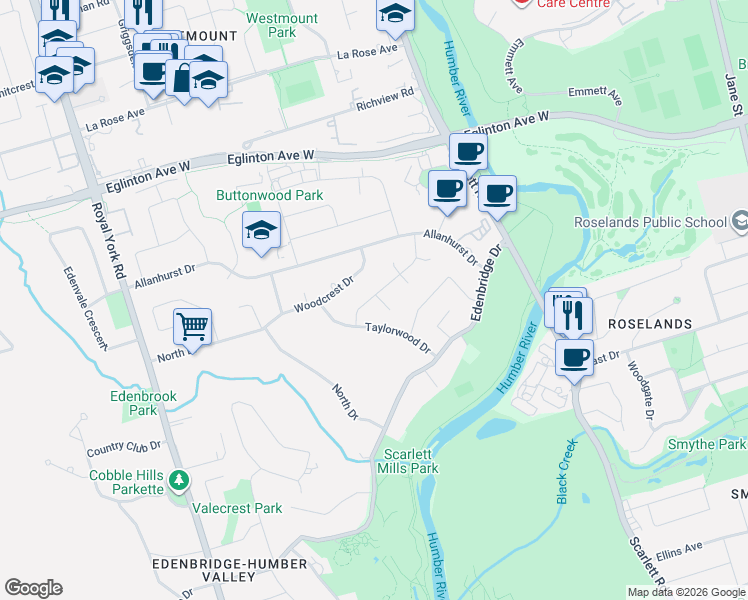 map of restaurants, bars, coffee shops, grocery stores, and more near 7 Woodvalley Drive in Toronto